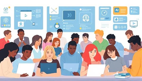 An illustration of a diverse group of students engaged in interactive online learning activities, with AI algorithms visibly optimizing content delivery for each individual, showcasing personalized education in action.