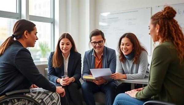 A diverse team of accessibility experts conducting a website audit for a government agency, evaluating usability features and accessibility enhancements, emphasizing inclusivity and user-centered design.