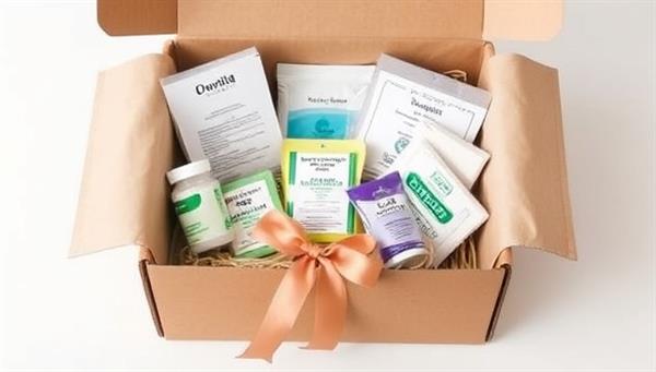 An elegantly designed subscription box filled with neatly arranged medical supplies, featuring labels for customization options and a ribbon for a touch of personalization, symbolizing care and convenience.
