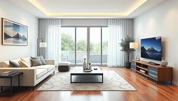 An illustration of a modern living room with smart home devices seamlessly integrated, showcasing the convenience and luxury of a fully automated home environment.