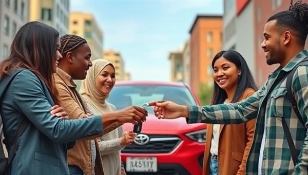 An artistic representation of a diverse group of individuals exchanging car keys in a friendly urban setting, symbolizing the community-driven and sustainable vehicle sharing experience facilitated by DriveShare Network, with a focus on trust and convenience.