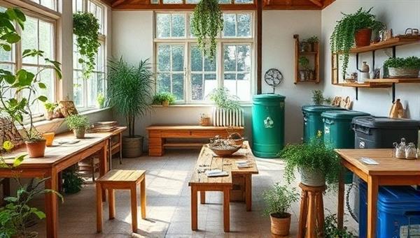 An eco-friendly workshop space with upcycled furniture, potted plants, sustainable building materials, and recycling stations, surrounded by natural light and greenery, creating an inspiring and environmentally conscious setting for learning and practicing sustainable living habits.