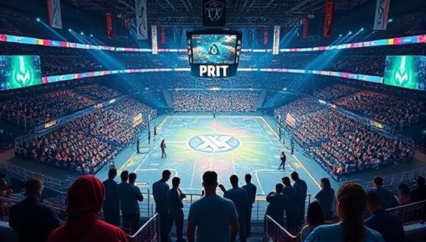 An artistic representation of a digital arena filled with e-sports teams competing in a high-stakes match, with dynamic graphics, team logos, and real-time odds displayed around the virtual gaming environment, emphasizing the excitement and competitive spirit of e-sports betting on E-SportBetX.