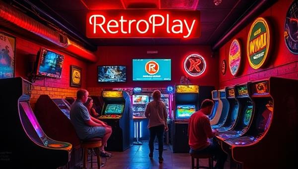 An atmospheric shot of the RetroPlay Lounge interior, showcasing a retro-themed bar area with neon lights, vintage arcade machines, and a group of friends playing classic games, evoking a sense of nostalgia and fun social gathering.