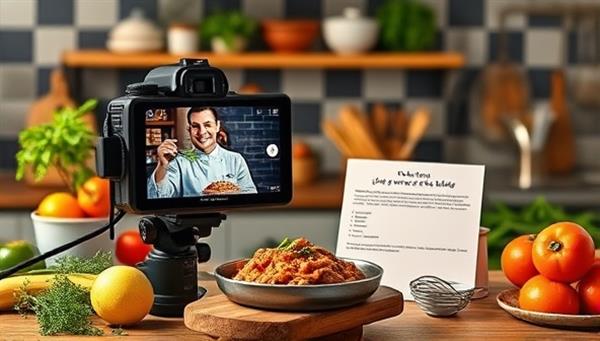 An enticing virtual cooking class setup with a chef showcasing a delicious dish on camera, surrounded by fresh ingredients, cooking utensils, and a recipe card, inviting viewers to join a culinary journey from their own kitchen.