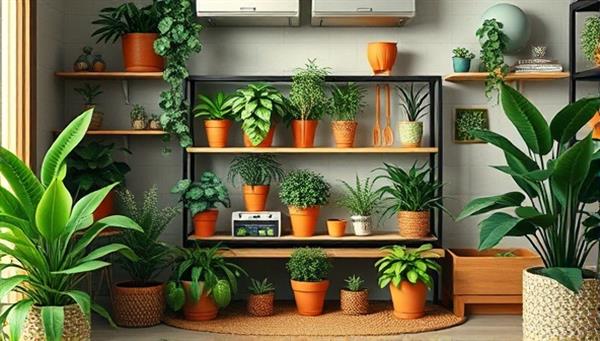 A cozy virtual plant corner with a variety of indoor plants, pots, and gardening tools displayed on a screen, surrounded by lush greenery and natural elements, creating a serene and inviting virtual plant shopping experience.
