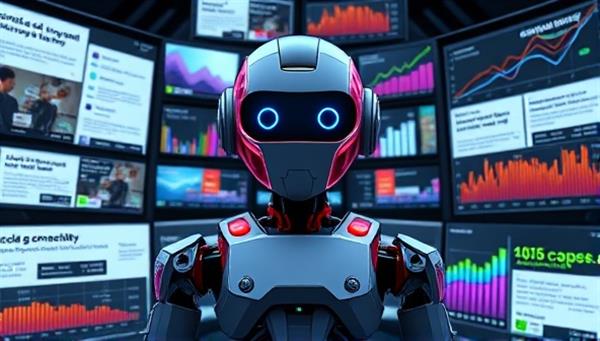An AI-powered robot surrounded by digital screens displaying various ad copies, with colorful graphs showing increased engagement and conversion rates, illustrating the efficiency and effectiveness of AI-generated content.