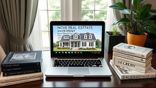 An elegant home office setup with a laptop displaying a niche real estate investment course webinar, surrounded by books on real estate investing, market trends, and property types, creating an educational and professional atmosphere for WealthyNest Academy.