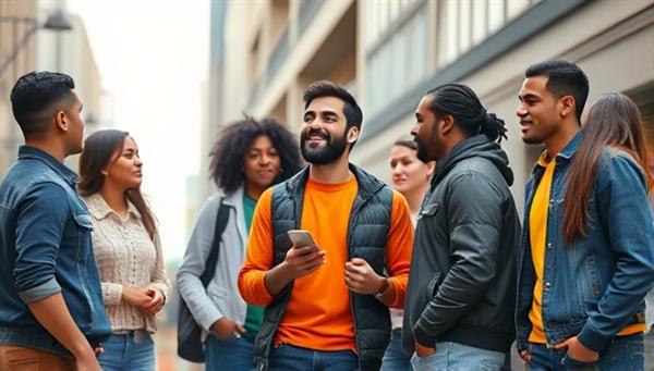 An artistic rendering of a virtual influencer interacting with a group of diverse individuals in a trendy urban setting, showcasing the futuristic and engaging nature of virtual influencer marketing.