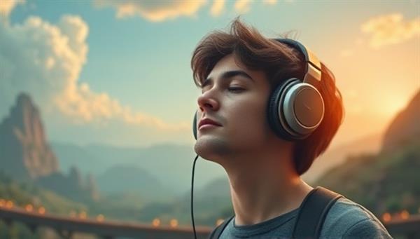 An individual wearing headphones, eyes closed in deep concentration, listening to a captivating audio story while surrounded by a serene and imaginative digital landscape, evoking a sense of personalized storytelling immersion.
