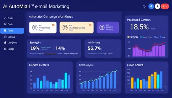 An AI-powered email marketing dashboard displaying automated campaign workflows, personalized content recommendations, and performance analytics, illustrating the efficiency and effectiveness of AutomailAI