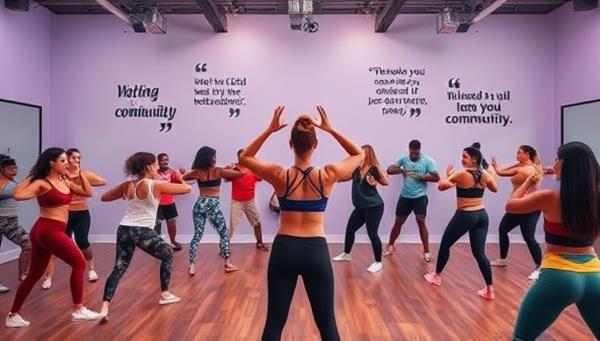 A vibrant virtual fitness studio environment with diverse participants engaging in a high-energy workout led by a virtual instructor, surrounded by motivational quotes and wellness resources, promoting a dynamic and inclusive fitness community.