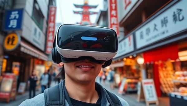An immersive VR environment showcasing a user wearing a VR headset, exploring the vibrant streets of Tokyo with 360-degree views of bustling markets and iconic landmarks, capturing the essence of virtual travel experiences.