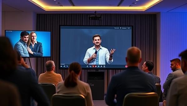 A virtual seminar setup with a presenter engaging with attendees through a video conferencing platform, displaying real-time Q&A sessions, presentation slides, and a chat feature for interactive participation, showcasing the dynamic and educational environment of virtual real estate investment seminars.