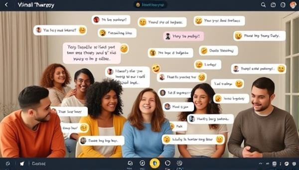 A diverse group of individuals engaging in a virtual group therapy session on the MindMingle platform, with supportive messages and emoticons filling the chat window, conveying a sense of community and encouragement.