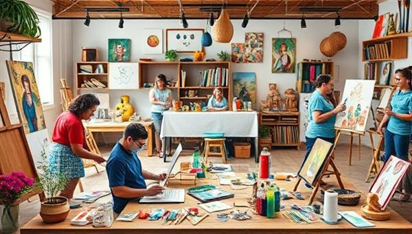 An online artistic workshop setting with various artists and participants engaging in creative activities like painting, crafting, and sculpting, surrounded by colorful art supplies and tools, showcasing the vibrant and collaborative nature of the virtual art workshop marketplace.