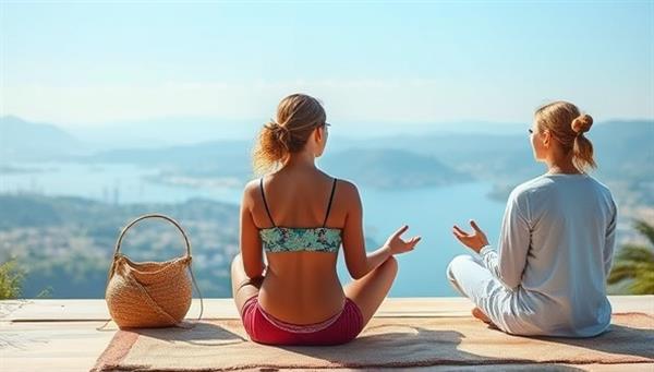 An image depicting a serene wellness coaching session with a travel backdrop, showcasing relaxation techniques, mindfulness practices, and a peaceful environment, illustrating the essence of holistic well-being on the WanderWell Journey platform.