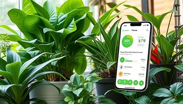 An image of a lush indoor garden with a variety of plants equipped with tech sensors, displaying the GreenThumb TechCare app interface showing real-time plant health data and care recommendations, illustrating the service