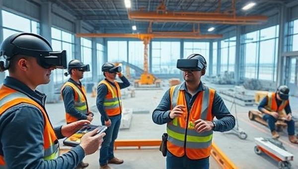 An immersive virtual reality simulation of a construction site with workers wearing VR headsets, interacting with digital tools and equipment, and practicing safety procedures in a realistic and engaging training environment, illustrating the future of construction training.