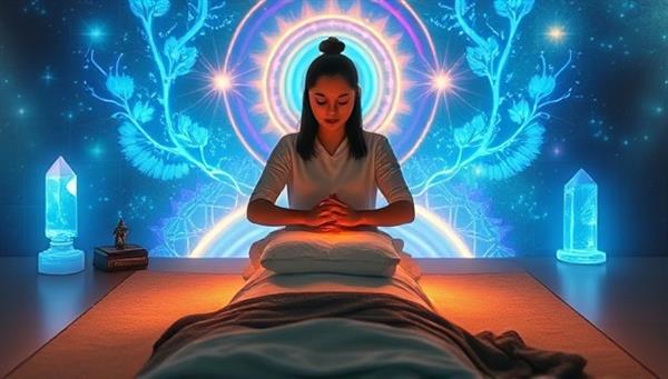 A tranquil virtual session featuring a practitioner performing reiki therapy on a client, surrounded by soothing energy visuals and healing crystals, creating a harmonious and spiritually uplifting atmosphere in a virtual setting.