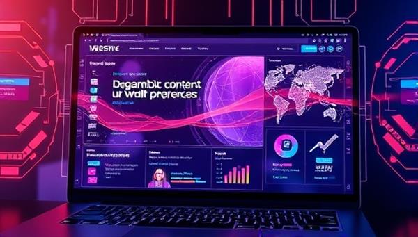 A futuristic digital interface displaying a website with dynamic content changing based on user preferences, illustrating the concept of personalized user experiences through AI technology.