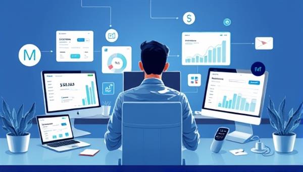 An engaging visual of a freelancer at a desk, surrounded by digital devices displaying financial management tools and charts, with a seamless workflow of invoicing, expense tracking, and retirement planning on the screen, illustrating the efficiency and convenience of using the Freelance FinTech Hub for financial management in the gig economy.