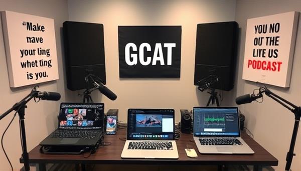 A creative workspace with microphones, soundproofing panels, and laptops showcasing podcast editing software, surrounded by inspirational quotes and podcasting equipment, creating a professional and creative podcasting environment.