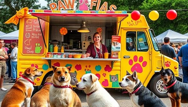 A vibrant food truck decked out with pet-themed decorations, serving colorful and appetizing pet dishes to eager dogs and cats, surrounded by a bustling outdoor setting, capturing the lively and delicious essence of Paws & Plates.