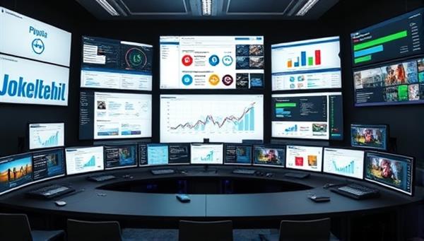 An artistic representation of a digital marketing control room with screens displaying real-time campaign data, social media analytics, and creative content, symbolizing strategic planning and digital marketing optimization in action.