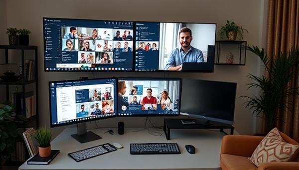 A virtual office setup with multiple screens displaying collaborative work tools, a virtual team meeting in progress, and a cozy remote workspace, showcasing the efficiency and connectivity of remote work productivity consulting.
