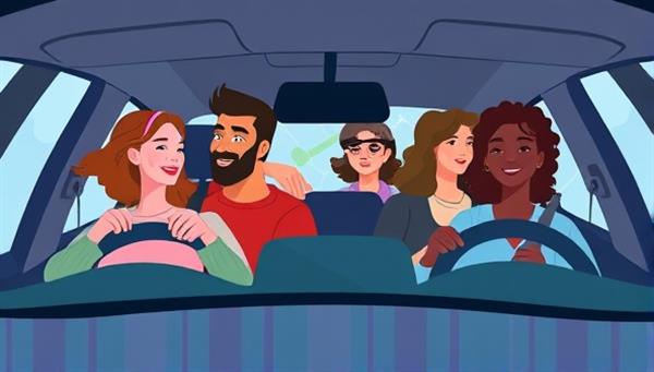 A vibrant digital illustration showing diverse individuals sharing a car ride, with a map in the background highlighting their route and cost savings, symbolizing community, eco-consciousness, and shared mobility.