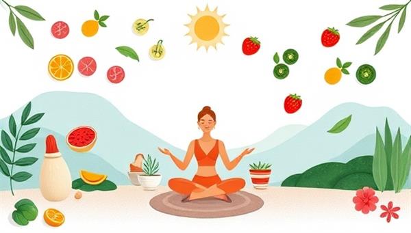 An artistic representation of a balanced wellness lifestyle, featuring elements like healthy food, yoga poses, meditation, and nature scenes to convey the idea of holistic well-being and balance.