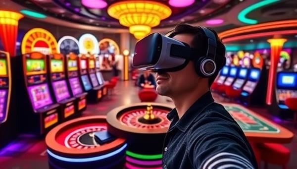 An enticing virtual reality scene showing a player wearing a VR headset and interacting with a digital casino environment filled with colorful slot machines, a roulette table, and animated dealers, capturing the futuristic and immersive aspect of the VR Casino Oasis.