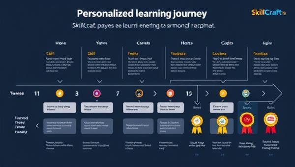 An infographic showcasing a personalized learning journey roadmap with different skill milestones, progress trackers, and achievement badges, highlighting the individualized approach of SkillCraft Pro.