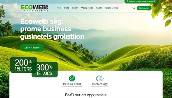 A website design interface featuring lush green landscapes, renewable energy icons, and eco-friendly design elements, symbolizing the sustainable and environmentally conscious approach offered by EcoWeb Innovations, appealing to businesses focused on green practices.