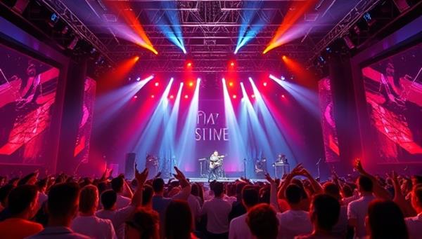 A digital concert stage set in a vibrant virtual world, showcasing a live music performance with interactive elements, virtual audience members cheering and dancing, and immersive visual effects, capturing the excitement and energy of a virtual concert experience.