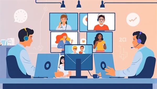 An illustrative representation of a remote tech support team collaborating virtually to troubleshoot technical issues, with a diverse group of technicians connecting through video calls, sharing screens, and providing solutions in a fast and efficient manner, showcasing the expertise and teamwork of TechRescue Remote.