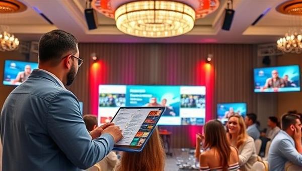 An engaging virtual event planner coordinating a digital conference setup with multiple screens displaying different event aspects, surrounded by creative decorations and a diverse group of virtual attendees interacting happily.