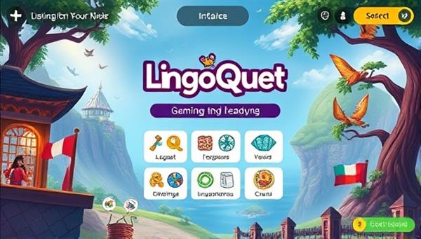 An imaginative visual representation of the LingoQuest Gaming platform interface, featuring language learning quests, interactive challenges, and cultural immersion experiences in a vibrant and dynamic virtual world, showcasing the fusion of gaming and language education in an engaging and innovative design.