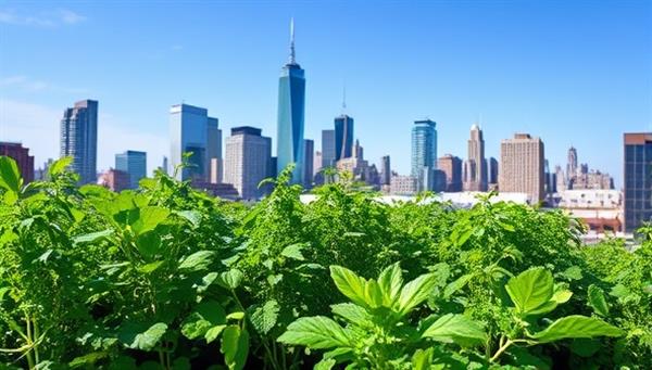 An urban skyline with skyscrapers in the background and a vibrant vertical farm filled with lush greens and herbs in the foreground, showcasing the harmony between urban living and sustainable agriculture.