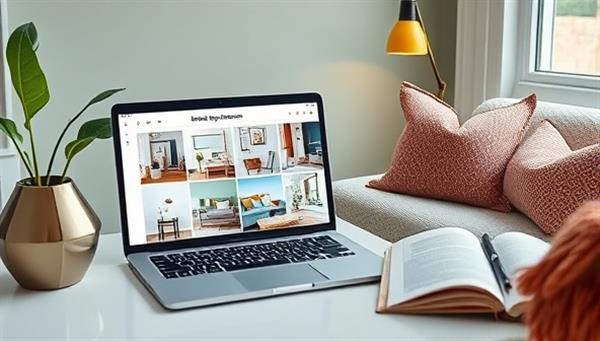 A laptop displaying a digital mood board with various interior design elements, next to a cozy reading nook with trendy decor accents, embodying the essence of virtual design consultations.