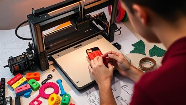 An artist at work on a 3D printer creating a custom-designed phone case, surrounded by a vibrant array of colorful filaments and design sketches, showcasing the creativity and innovation behind personalized accessories.