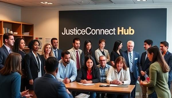 An impactful visual of JusticeConnect Hub featuring a diverse group of legal professionals volunteering their services, individuals in need receiving legal assistance, and a sense of community and support, symbolizing the power of pro bono legal work in creating positive change.