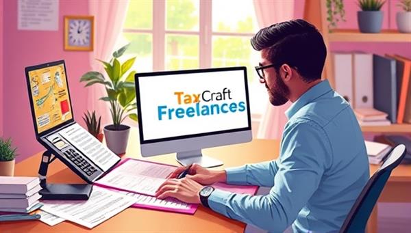 An artistic depiction of a freelancer working in a vibrant home office setting, surrounded by tax forms and calculators, with TaxCraft Freelance