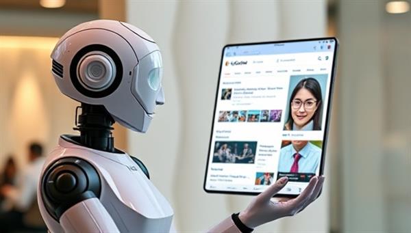 An AI-powered virtual assistant presenting a customized news feed to a user on a digital device, showcasing the personalized and efficient news aggregation capabilities of the InfoGenie platform in a modern and tech-savvy setting.