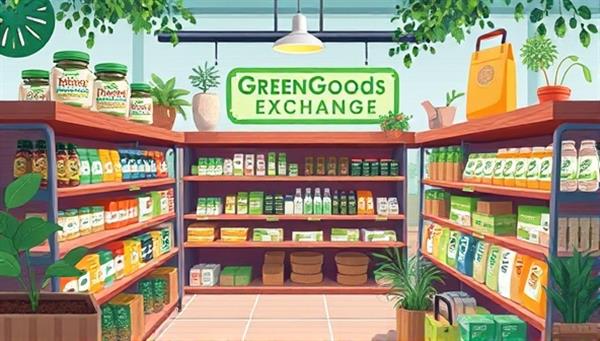 An inviting digital illustration featuring a vibrant marketplace scene with eco-friendly products displayed on virtual shelves, surrounded by greenery and sustainable packaging, conveying a sense of environmental consciousness and ethical shopping at GreenGoods Exchange.