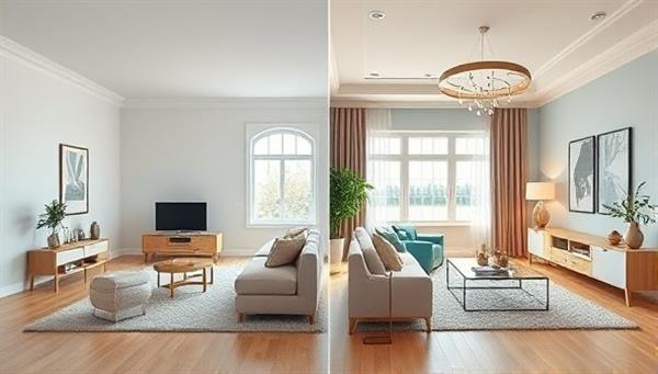 A split-screen image showing a room without furniture on one side and the same room virtually staged with modern decor on the other side, emphasizing the transformative power of virtual staging.