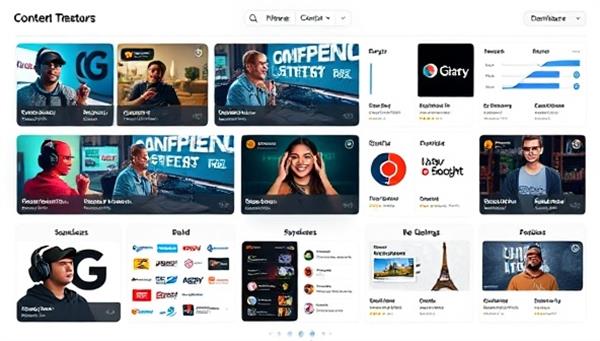 An interactive dashboard featuring diverse gaming content creators, brands, and audiences engaging in collaborative projects, sponsored streams, and creative campaigns, highlighting the dynamic and vibrant ecosystem facilitated by the content creation marketplace.