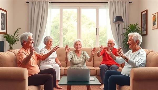 A heartwarming illustration of a group of seniors participating in an online fitness class, smiling and exercising together in their living rooms, with virtual trainers guiding them through gentle movements, promoting health and community among older adults.