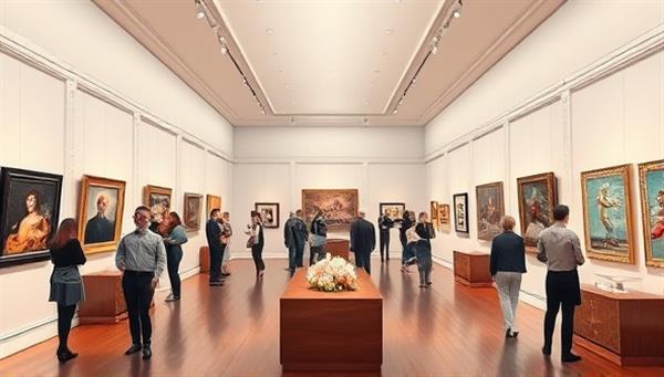 A digital representation of a sophisticated virtual art gallery space with elegant displays of diverse art pieces, interactive elements for exploration, and virtual attendees admiring and discussing artwork, creating a vibrant and immersive art viewing experience.